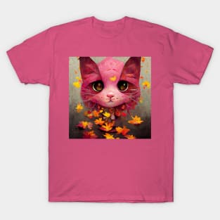 Beautiful pink cute Kitty play happy  On The Autumn leaves cat lovers gift T-Shirt